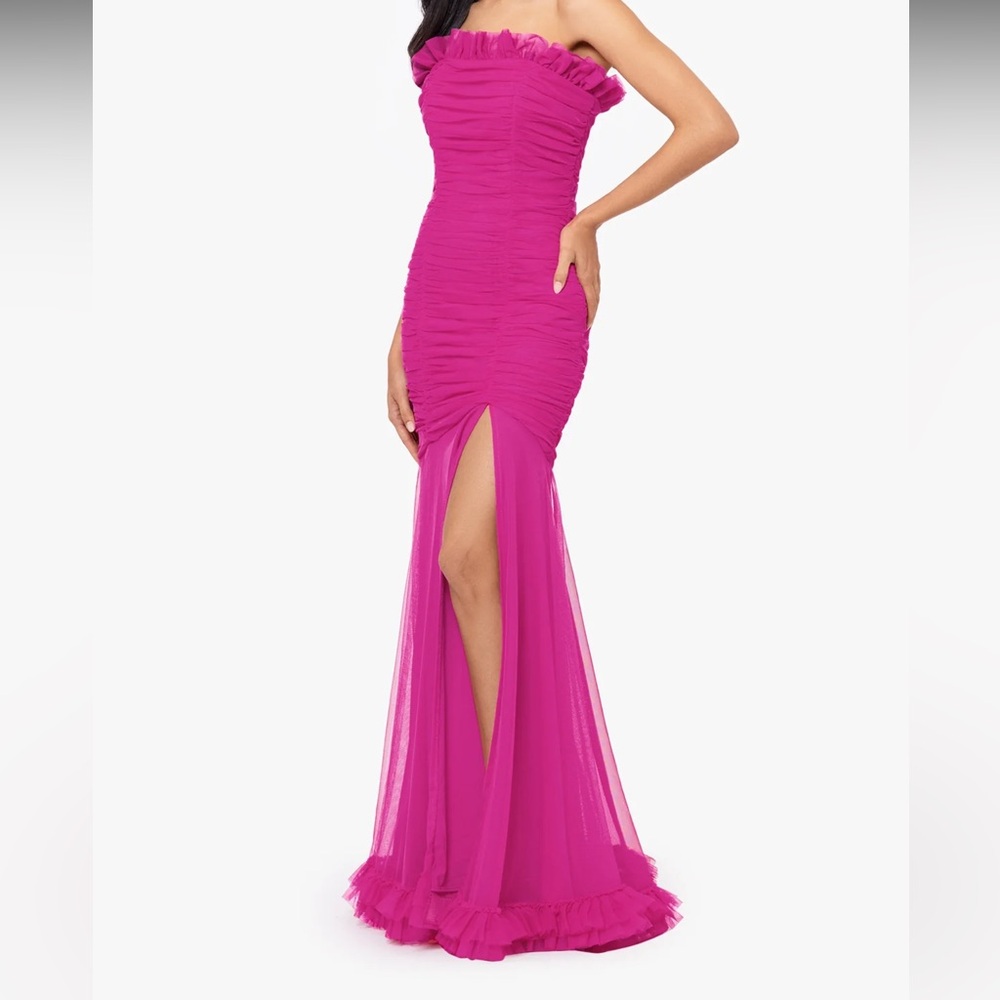 LONG STRAPLESS MESH RUFFLE DRESS - Picture 2 of 6